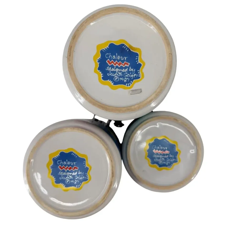 Vtg Chaleur Judith Geiger 1987 3Pc Ceramic Canister Set Postmodern Memphis Style